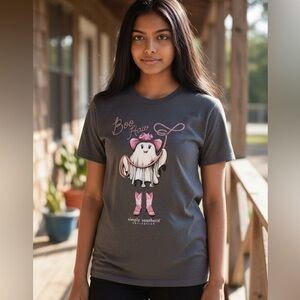 Simply Southern Youth Tee Boo Haw Ghost Cowgirl Hat Pink Boots Halloween Shirt